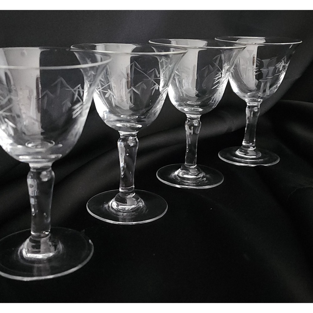 Craftsman Stemware Etched Old Bamboo Sherry Glasses Crystal Set Of Four
